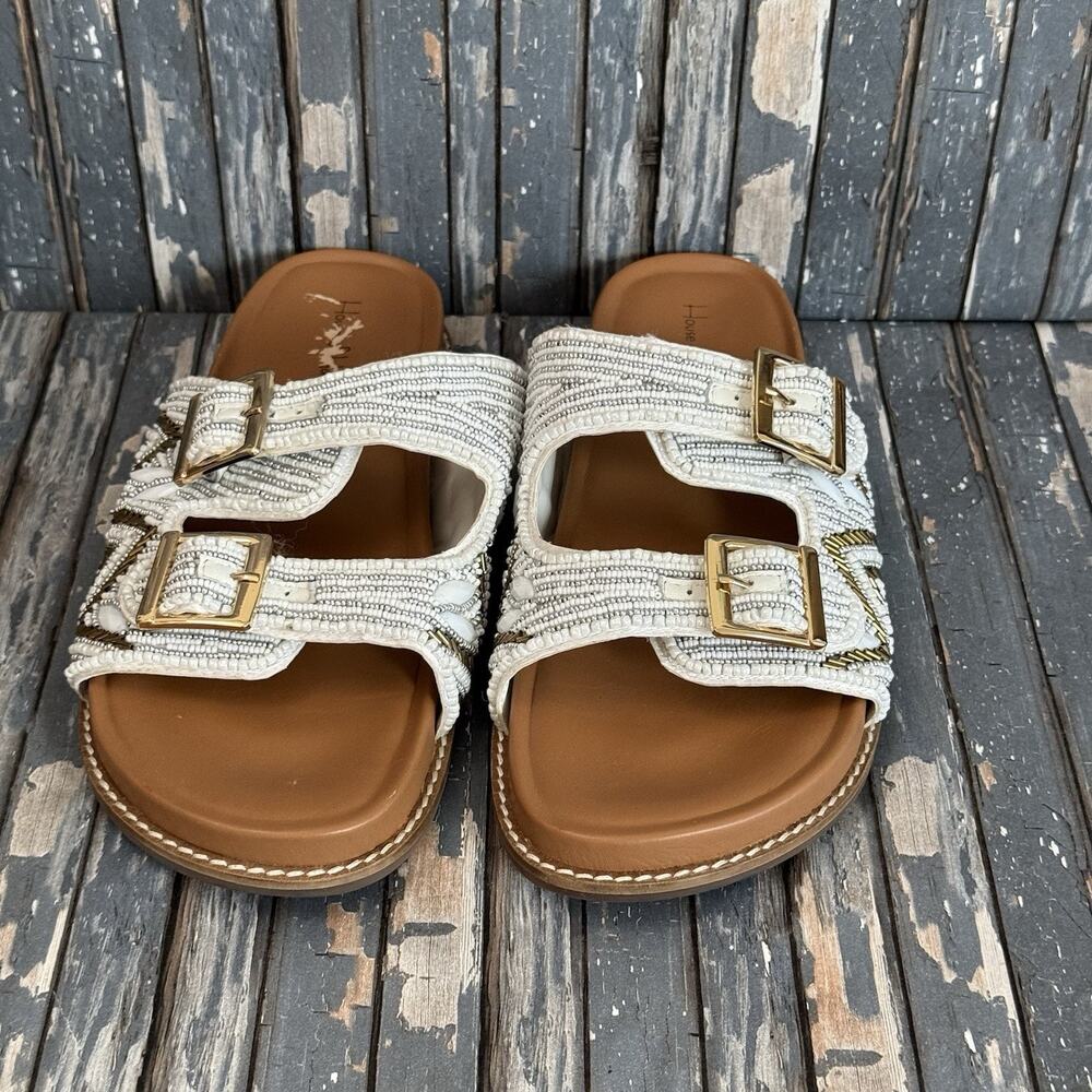 House of Harlow 1960 White Beaded Double-Buckle Slide Sandals Women’s US 9.5
